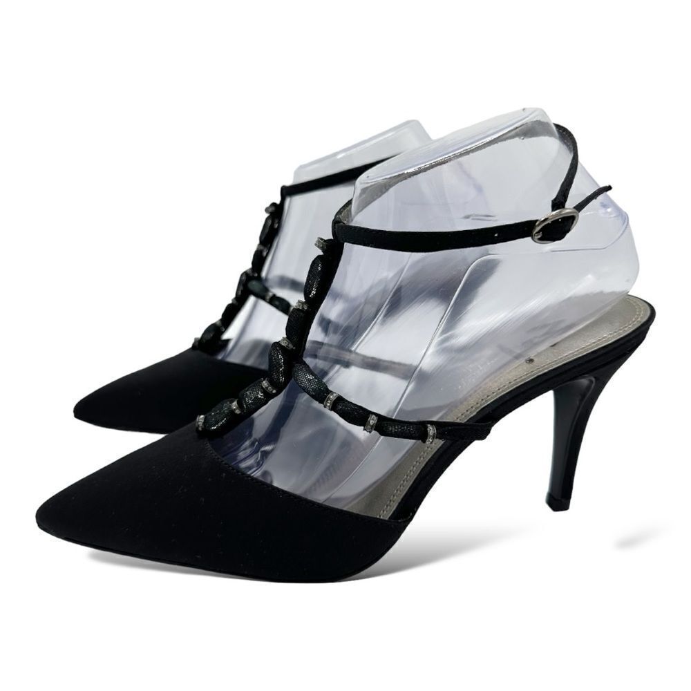M. By Marinelli Black Satin Sparkly Jeweled T-Strap Stiletto Evening Sandal 8.5M